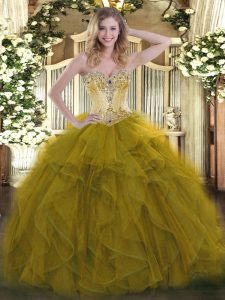 Sleeveless Floor Length Beading and Ruffles Lace Up Sweet 16 Dresses with Olive Green