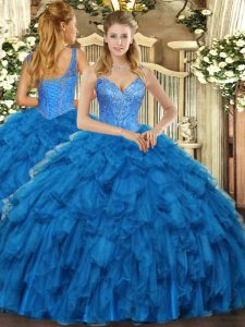 Blue Lace Up Sweet 16 Quinceanera Dress Beading and Ruffles Sleeveless Floor Length