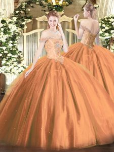 Luxurious Rust Red Ball Gowns Beading Quinceanera Dresses Lace Up Tulle Sleeveless Floor Length
