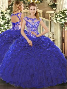 Super Royal Blue Scoop Lace Up Beading and Ruffles Quince Ball Gowns Cap Sleeves