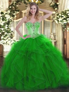 Sweetheart Sleeveless Quinceanera Gown Floor Length Beading and Ruffles Green Organza