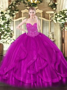 Beading and Ruffles Sweet 16 Dress Fuchsia Lace Up Sleeveless Floor Length