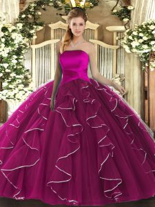 Fuchsia Tulle Lace Up Quince Ball Gowns Sleeveless Floor Length Ruffles