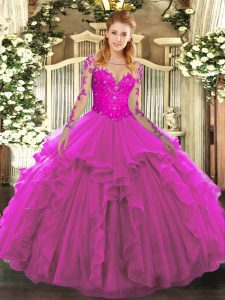Decent Floor Length Ball Gowns Long Sleeves Fuchsia Sweet 16 Dresses Lace Up