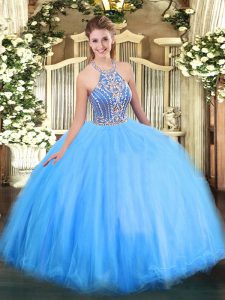 Elegant Blue Halter Top Lace Up Beading Vestidos de Quinceanera Sleeveless