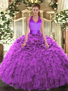 Classical Fuchsia Lace Up 15th Birthday Dress Ruffles Sleeveless Floor Length