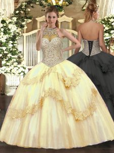 Graceful Halter Top Sleeveless Tulle Sweet 16 Quinceanera Dress Beading and Appliques Lace Up