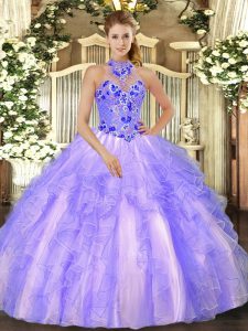 Organza Sleeveless Floor Length 15th Birthday Dress and Embroidery and Ruffles