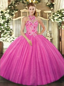 Floor Length Hot Pink Quinceanera Dresses Tulle Sleeveless Beading and Embroidery