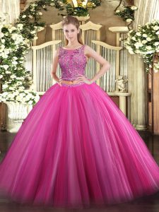 Hot Pink Sleeveless Beading Floor Length 15th Birthday Dress