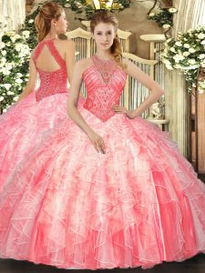 Fantastic Watermelon Red High-neck Neckline Beading and Ruffles Quinceanera Dresses Sleeveless Lace Up