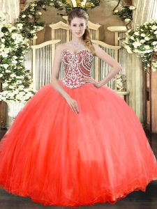Tulle Sweetheart Sleeveless Lace Up Beading Sweet 16 Quinceanera Dress in Coral Red