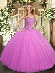 Sleeveless Tulle Floor Length Lace Up Sweet 16 Quinceanera Dress in Lilac with Beading