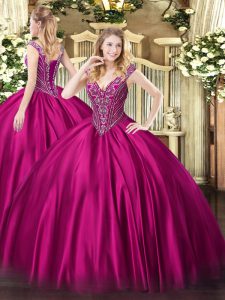 Hot Selling Fuchsia V-neck Lace Up Beading Sweet 16 Quinceanera Dress Sleeveless