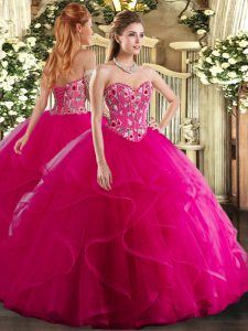 Floor Length Fuchsia Quinceanera Gown Organza Sleeveless Embroidery and Ruffles
