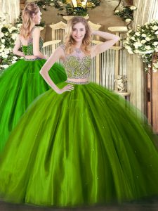 Excellent Olive Green Sleeveless Beading Floor Length Vestidos de Quinceanera