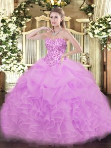 Pretty Lilac Ball Gowns Organza Sweetheart Sleeveless Lace and Ruffles and Pick Ups Floor Length Lace Up Sweet 16 Quinceanera Dress