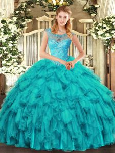 Modest Aqua Blue Organza Lace Up Ball Gown Prom Dress Sleeveless Floor Length Beading and Ruffles