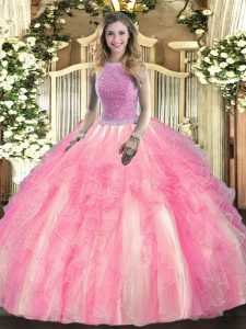 Rose Pink Sleeveless Beading and Ruffles Floor Length Vestidos de Quinceanera