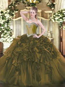 Romantic Floor Length Lace Up Quinceanera Gowns Olive Green for Military Ball and Sweet 16 and Quinceanera with Beading and Ruffles