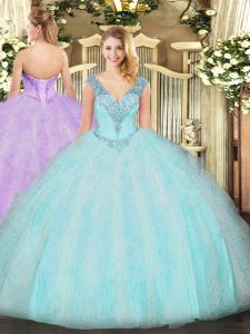 Trendy Ruffles Quinceanera Dress Aqua Blue Lace Up Sleeveless Floor Length