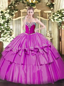 Lilac Ball Gown Prom Dress Military Ball and Quinceanera with Beading and Ruffled Layers Sweetheart Sleeveless Lace Up