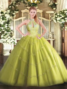 Yellow Green Halter Top Neckline Beading Quince Ball Gowns Sleeveless Lace Up