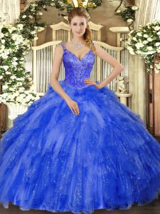 Super Floor Length Ball Gowns Sleeveless Royal Blue Quince Ball Gowns Lace Up