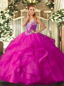 Super Fuchsia Sweet 16 Dress Military Ball and Sweet 16 and Quinceanera with Beading and Ruffles Straps Sleeveless Lace Up