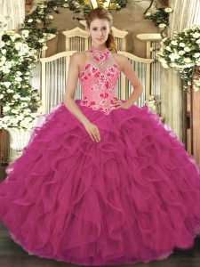 Cute Halter Top Sleeveless 15 Quinceanera Dress Floor Length Beading and Embroidery and Ruffles Hot Pink Organza