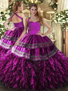 Fine Fuchsia Ball Gowns Halter Top Sleeveless Satin and Organza Floor Length Lace Up Embroidery and Ruffles Quinceanera Gowns