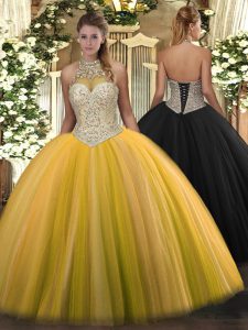 Custom Fit Gold Lace Up Sweet 16 Dresses Beading Sleeveless Floor Length