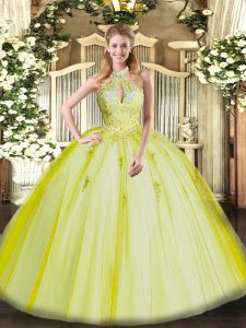 Yellow Green Ball Gowns Tulle Halter Top Sleeveless Appliques Floor Length Lace Up Ball Gown Prom Dress