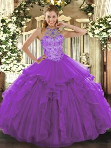 Custom Design Purple Sleeveless Beading and Embroidery Floor Length 15th Birthday Dress