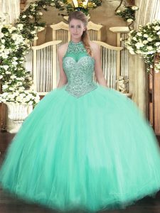 Apple Green Sleeveless Floor Length Beading Lace Up Ball Gown Prom Dress