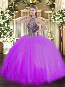 Modern Lilac Ball Gowns Beading Quinceanera Dress Lace Up Tulle Sleeveless Floor Length