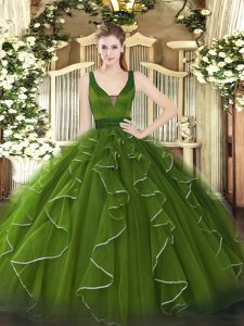 Ball Gowns Quinceanera Dresses Olive Green Straps Tulle Sleeveless Floor Length Lace Up