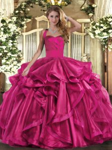 Organza Halter Top Sleeveless Lace Up Ruffles Sweet 16 Quinceanera Dress in Fuchsia