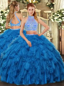 Halter Top Sleeveless Sweet 16 Quinceanera Dress Floor Length Beading and Ruffles Blue Organza