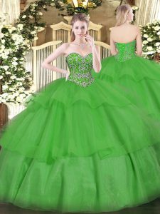 Green Sweetheart Lace Up Beading and Ruffled Layers Quince Ball Gowns Sleeveless