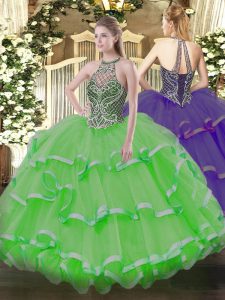 Floor Length Sweet 16 Dress Organza Sleeveless Beading and Ruffles