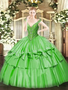 Floor Length Lace Up Quinceanera Gowns for Military Ball and Sweet 16 and Quinceanera with Beading and Ruffled Layers