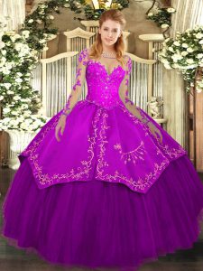Ball Gowns Sweet 16 Quinceanera Dress Purple Scoop Organza and Taffeta Long Sleeves Floor Length Lace Up