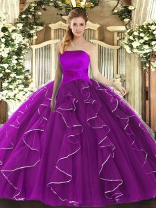 Tulle Strapless Sleeveless Lace Up Ruffles Quinceanera Dress in Purple