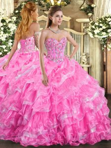Floor Length Ball Gowns Sleeveless Rose Pink Ball Gown Prom Dress Lace Up