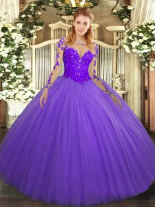 Fitting Lavender Quince Ball Gowns Military Ball and Sweet 16 and Quinceanera with Lace Scoop Long Sleeves Lace Up