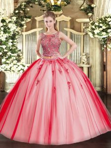 Charming Coral Red Two Pieces Scoop Sleeveless Tulle Floor Length Lace Up Beading and Appliques Quinceanera Dresses