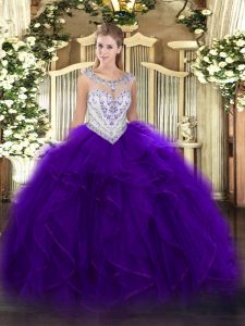 Spectacular Sleeveless Tulle Floor Length Zipper Sweet 16 Quinceanera Dress in Purple with Beading and Ruffles
