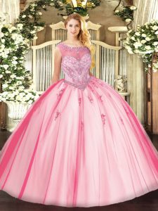 Tulle Scoop Sleeveless Zipper Beading and Appliques Sweet 16 Dress in Pink