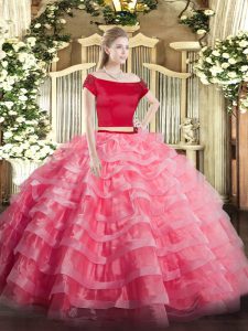 Two Pieces Sweet 16 Dress Watermelon Red Off The Shoulder Tulle Short Sleeves Floor Length Zipper